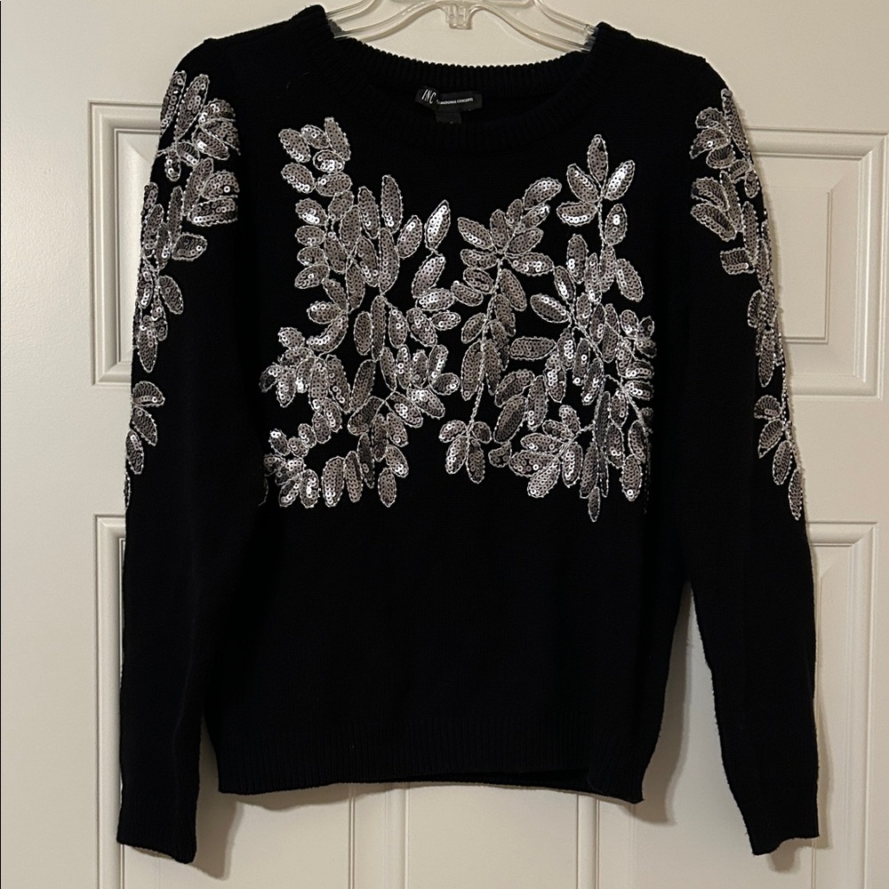 INC International Concepts Black Sweater with Silver Sequin Leaf Patterns Sz M